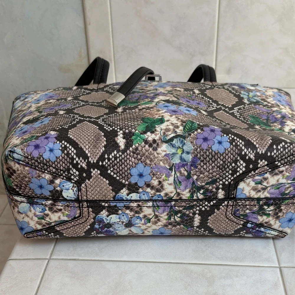 Vince Camuto Leila Large Violet Floral and Snake Print Faux Leather Tote. EUC